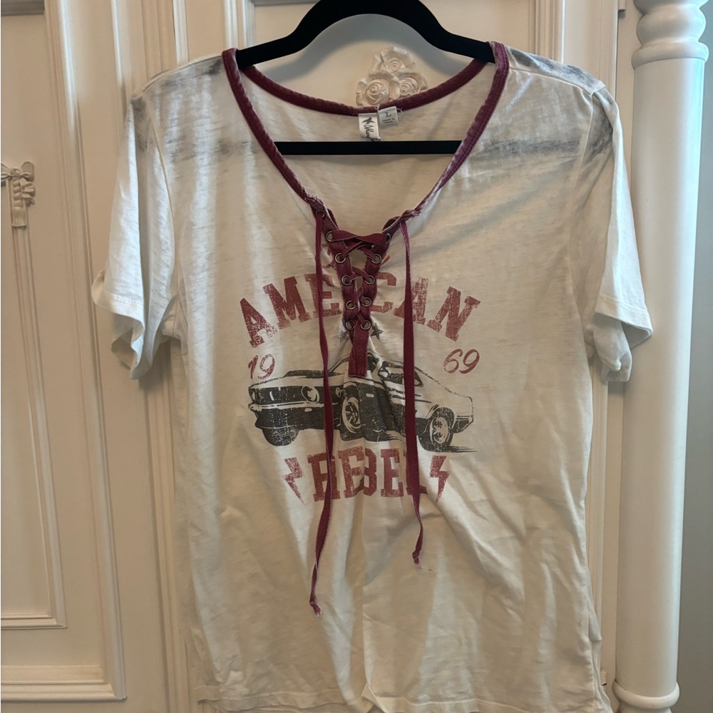 White and Red Graphic Lace-Up T-Shirt